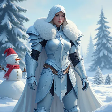 Female warrior in snowman in snow armor on the theme of Christmas