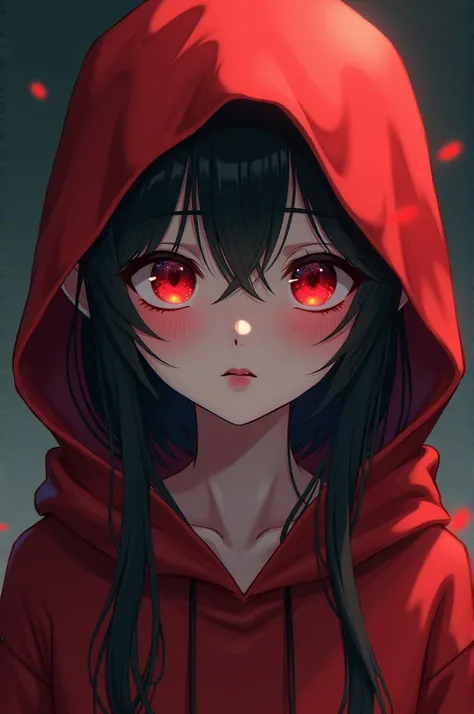 Beautiful girl mysterious girl under a red hoodie with snake eyes (cute anime style. Head to thighs)