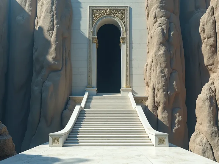 Long white stairs that lead to an entrance that is carved into the wall of a precipice