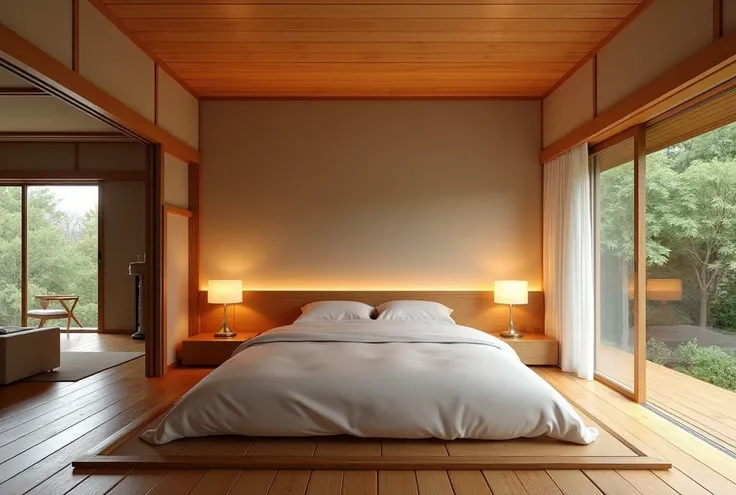 A traditional Japanese-style bedroom with a modern touch. The room features a raised platform bed covered with tatami mats, surrounded by natural wood flooring. The walls are finished with Kyokabe (traditional Japanese plaster), and the ceiling is adorned ...