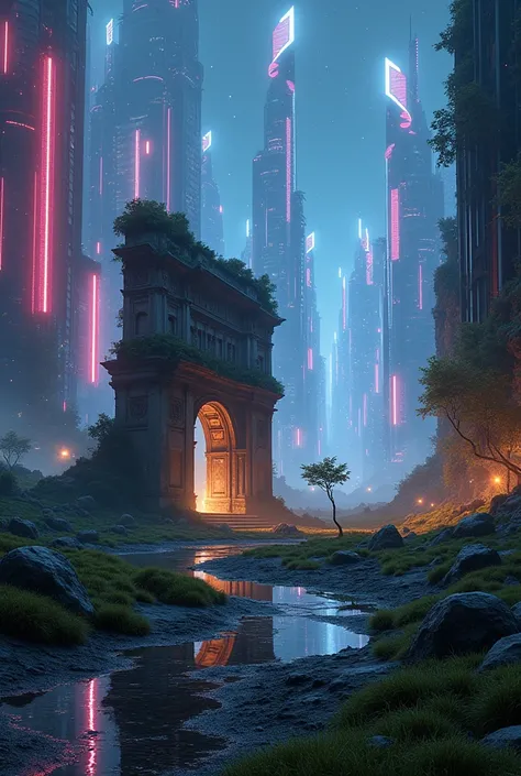 Ruins surrounded on all sides by ultra-futuristic neon buildings　 the ruins are very small 、 Im overwhelmed by futuristic neon buildings around {x} futuristic neon buildings。　 ruins with moss and grass growing 　 there are multiple pillars 　 Beautiful Starr...