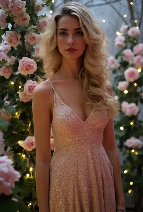 In the winter garden, the elegant blonde womans curls catch the moonlight as she wears a sophisticated evening gown, its fabric shimmering like freshly fallen snow. The mesmerizing blue eyes gaze gracefully, mirroring the frost-kissed roses surrounding her...