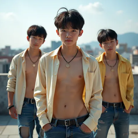 A magazine photoshoot, three 12-years old japanese boy student, must wearing unbuttoned shirts showing of 8 pack abs and chest. wearing wet jeans short and necklace, lean fit body with 8 pack and low fat rate, colorful photo, open eyes, no facial hair, fle...