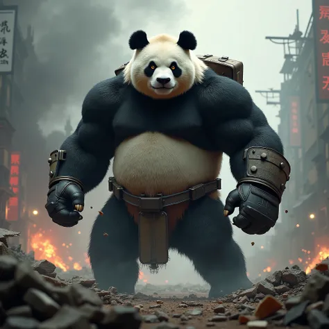 "Show a Giant Panda on the battlefield, fully prepared for battle, with determination and strength evident in its eyes. Around it, broken and burned buildings emit smoke and sparks. The battlefield is filled with dust and debris, and the sky is dark with h...