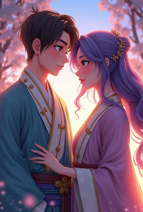   man with short brown hair ,  brown eyes,  Ahori and white leather clothing  ,  together with his long-haired wife Lila, purple eyes, Ahori and Lila leather clothing  , animated 