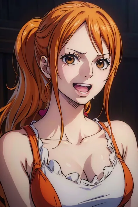  ( top quality, 4K, 8k,  high definition , masterpiece:1.2),  super detailed, ( realistic , photo realistic , photo- realistic :1.37) ,Generate a realistic anime style for Nami in ONE PIECE , must be drawn in anime style , girl with very pale orange yellow...