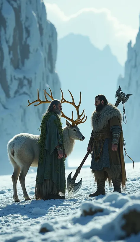 An ancient druid with long, moss-covered robes, a wooden staff, and a crown of vines stands beside a Viking chieftain clad in fur and wielding a massive axe. Next to them is a massive white stag with golden antlers, exhaling frost into the air. The backdro...