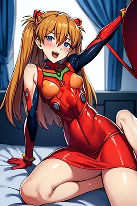 (( top quality)), ((masterpiece)), (be familiar with),  perfect face, indoor, bedroom, looking at the viewer,
One woman,  Soryu Asuka Langley,
 open mouth,  ecstatic expression beside the piano, blush, smile,
 small tits,  flat chested, Young girl, Lori,  ...