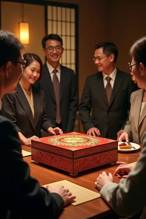 Picture of a traditional gift box or a group at a business dinner.