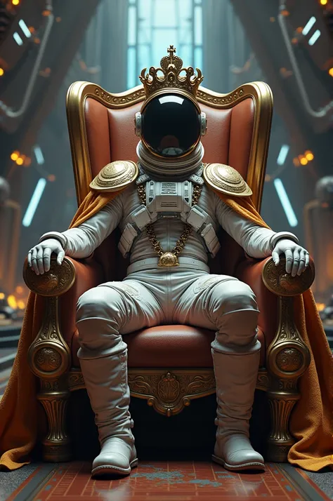 Astronaut King wearing crown and robe sitting on the throne of his kingdom