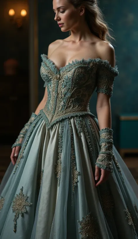 The ball gown’s intricate design, showcasing the fine details of the fabric and delicate stitching, illuminated by dramatic lighting, nsfw