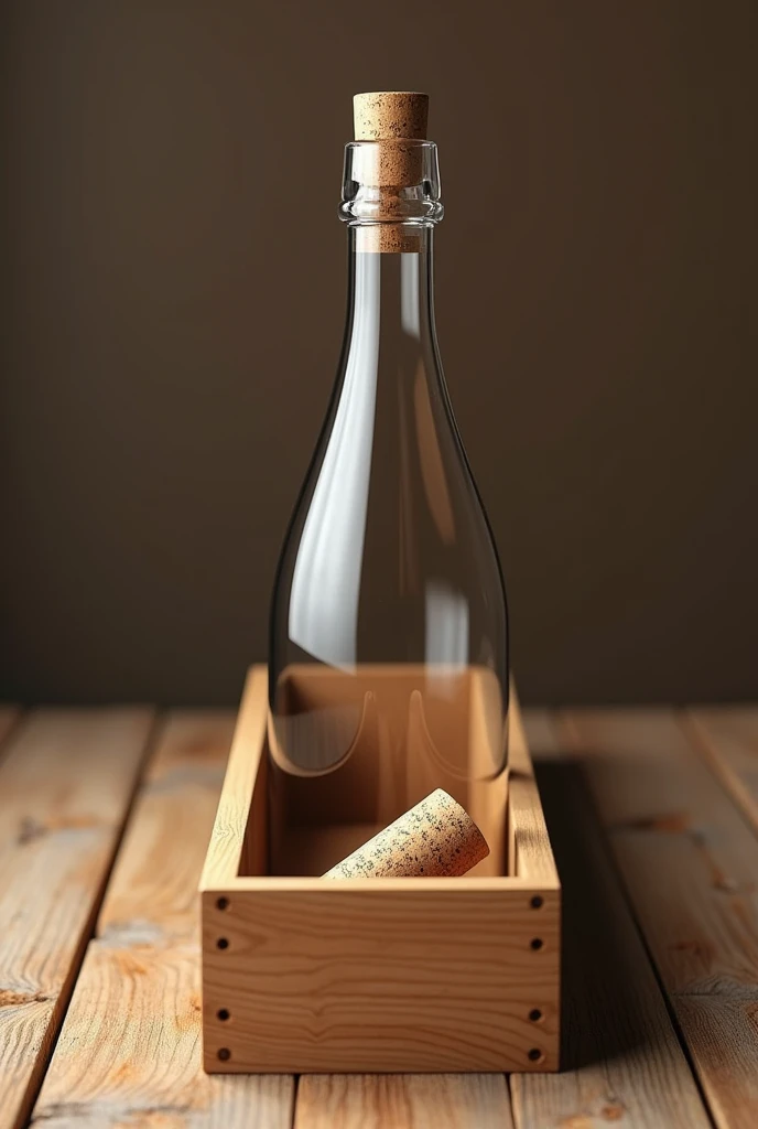 Clear empty champagne bottle with a cork resting in a long wooden box 