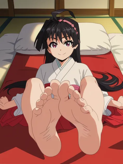 score_9, score_8_up,source_anime,
1girl, Ayako, white kimono, red hakame, alone, looking at viewer, cowboy shot, anime screencap, anime coloring in the room，barefoot，Perfect feet，Anatomically correct，soles，from above，Focal length 35mm, Five toes，front，Symm...