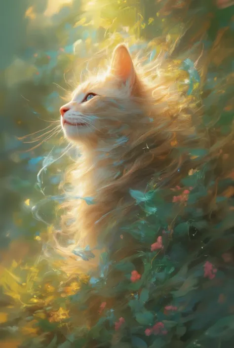 sprit of the wind,by Bastien Lecouffe,Hyper-detailed digital painting of a cut cat, disloving its body into the air, 