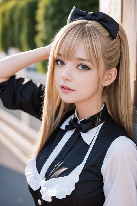 1 girl,Sexy Big 、Sexy cute looks and cute  beautiful girl, beautiful and sexy face、A strong wind blows my hair in front of my face、length, Metallic blonde straight hair、ponytail, beautiful, Cute and sexy eyes hidden behind long bangs, maid Cafe, Gothic Mai...