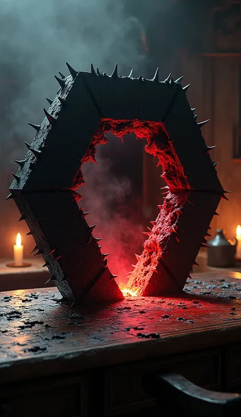 Ultra-realistic and highly detailed depiction of the "Gate of Hell" form of the Rinfone puzzle. The puzzle pieces interlock to reveal a sinister gate emerging from the black icosahedron, as if it is tearing open. The gates distorted shape is outlined by pu...