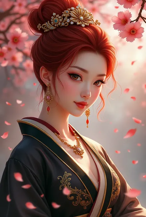 Mix media of pastel and Oil painting techniques, combinations of glazing, impasto, scumbling, layering, blending and dry wash techniques. Digital painting yang lebih estetik. A beautiful empress of the Chinese government. Wearing a black gold Silk Hanfu ki...