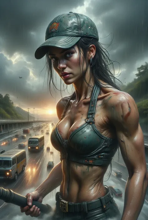  A Taiwanese woman with a hair baseball cap smeared with excessive wet sweat, his face is serious. MUSCULAR arms seen to the camera live .  Sweat drips a lot on her skin ,  and her expression a mixture of serious and humor . Playing Rain . She wore an Aest...