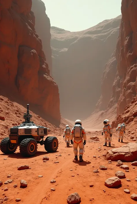 A rover and a group of astronauts examining a deep Martian crater with red rocky walls. They are using scientific instruments, and their footprints are visible in the dusty surface