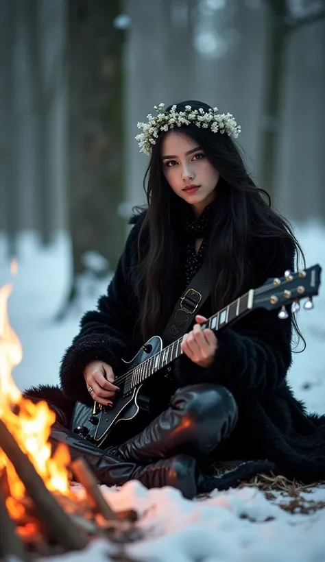 A strikingly mysterious gothic girl, her black fur coat contrasting with the snowy backdrop, sits by a campfire in a winter forest. Adorned with a wreath of delicate white flowers and holding an electric guitar, she exudes an aura of dark allure and musica...