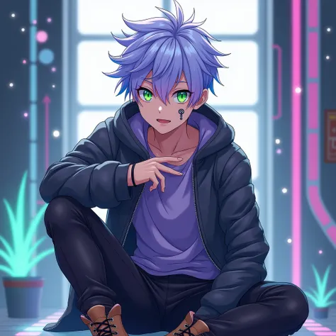  
KIT

 He has short, spiky hair that is primarily light purple or lavender, with streaks of bright blue. His eyes are a striking bright green, and he has a small power button symbol tattooed under his left eye. Hes wearing a dark gray or black zip-up jack...