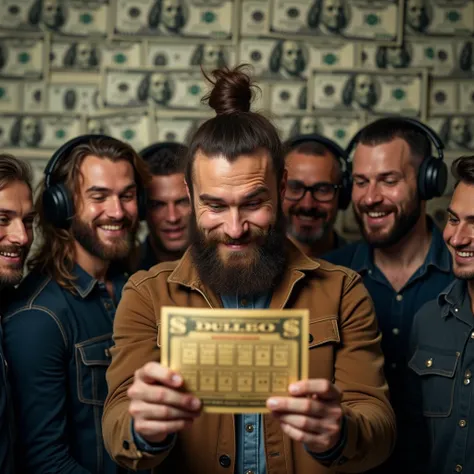  a man with long hair wearing a bun and a beard holding and looking at a lottery ticket that is emitting light,  with a group of men standing right behind him , next,  also looking at the ticket over his shoulder with cheerful and enthusiastic looks .  In ...