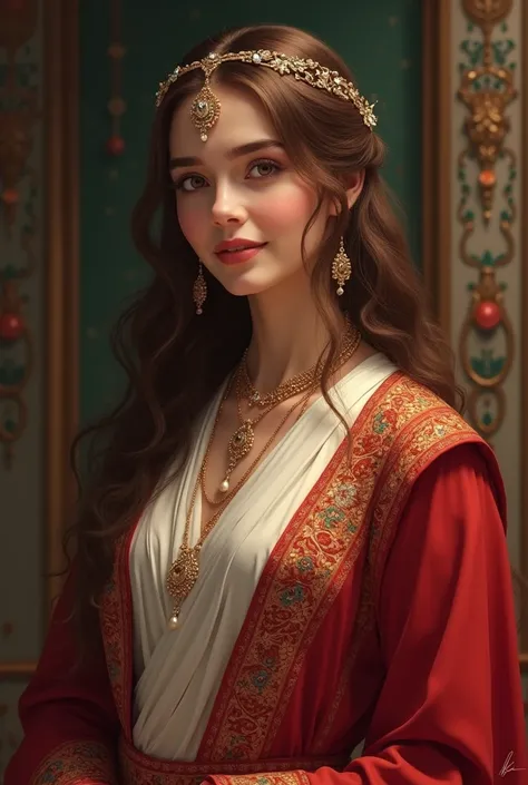 A young and beautiful woman, exuding grace and intelligence. She is dressed in luxurious Persian attire, with a rich, flowing open front robe in deep colors, adorned with delicate embroidery and jewels. Her hair is long, light brown, and flowing, with a ti...