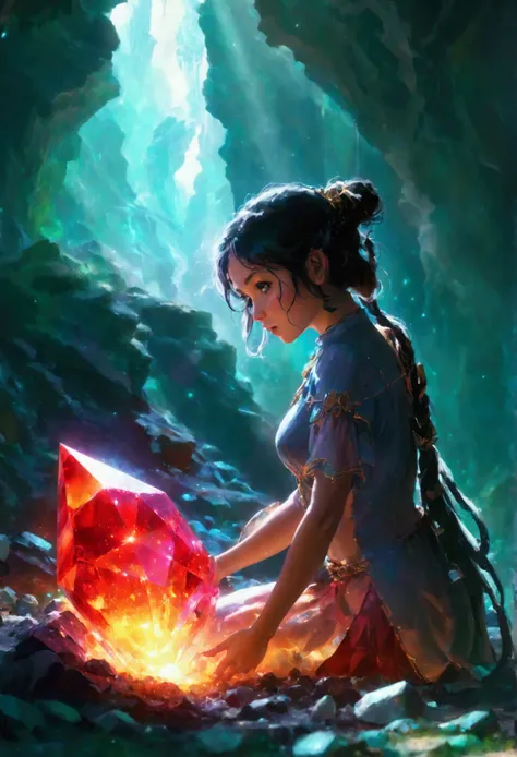 a young woman digging out a large red crystal from the ground, highly detailed, photorealistic, 8k, studio lighting, dynamic pose, digital painting, mystical atmosphere, vibrant colors, fantasy landscape, glowing crystal