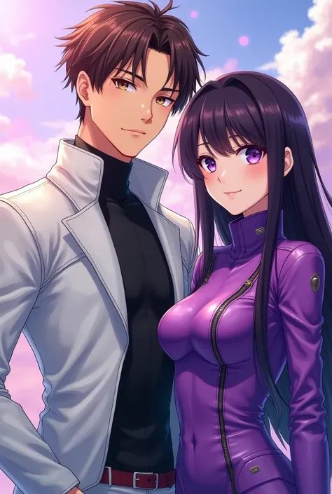  Man with short brown hair,  brown eyes, white leather clothing, together with his long-haired wife Lila,purple eyes, purple leather clothing , anime 