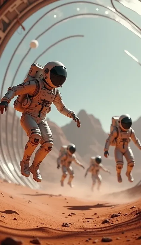 A group of astronauts playing a futuristic low-gravity sport on the Martian surface, bouncing high in the air. A transparent dome encloses the playing field, with the Martian landscape visible outside