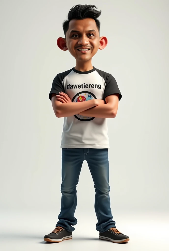 Hyperealistic of Caricature, HDR, UHD, 5D, A man medium body wearing a white and black colort-shirt with the words "DawetIreng" written on it and the image of ice dawet on bowl on it, jeans and shoes, standing proudly, plain background Both legs crossed , ...