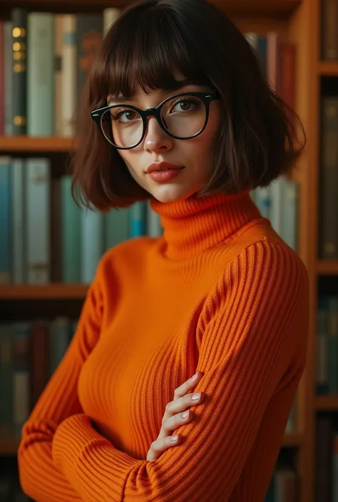 " full body of a woman inspired by Velma from Scooby-Doo, with short brown hair,  straight bangs , iconic black glasses ,  wearing an orange sweater over her breasts and naked .  She looks confident and elegant ,  in a seductive but respectful pose .  Back...