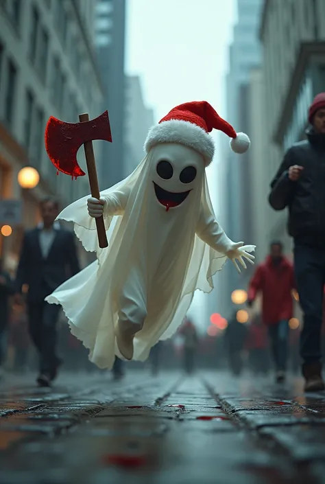 A little ghost in a Santa hat holding a blood-stained axe chases frightened people around the city