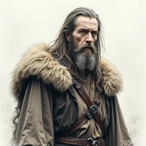 A seasoned warrior of the Middle Ages, a pencil sketch of a middle-aged man, long sparse hair, a thoughtful look, (((in authentic shabby clothes of a medieval Viking warrior))), A watercolor photograph in the dystopian style with a long exposure. Stylized,...