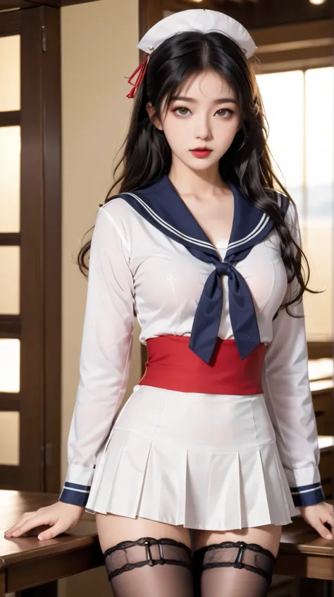 classroom, ((( sailor suit)))、 girl, The Eyes That Seduce Viewers, Shine, Shine, masterpiece, The sweet taste of temptation, nice, masterpiece, best quality, Shadow, S-Core_9, S-Core_8_up, S-Core_7_up、(gigantic breast:1.1)、 black hair、 standing 、(Big Ey...