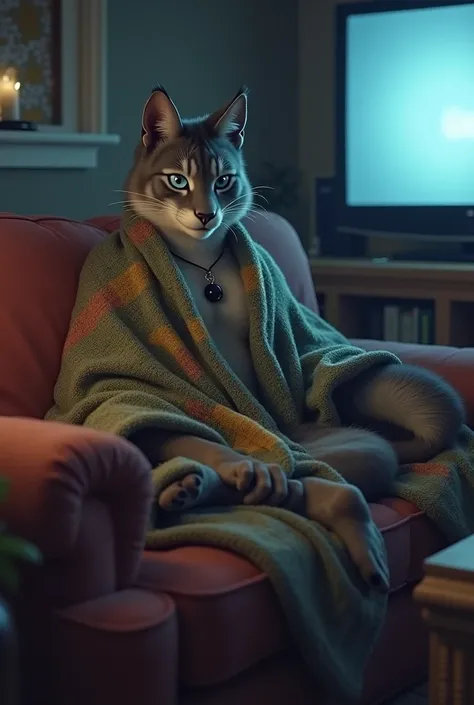 Ashen, a furrsona, sits comfortably on a large, well-loved couch, wrapped in a thick, patchwork blanket that drapes over his shoulders and falls across his lap. His sleek, smoky gray fur catches the soft glow of the television in front of him, the dim ligh...