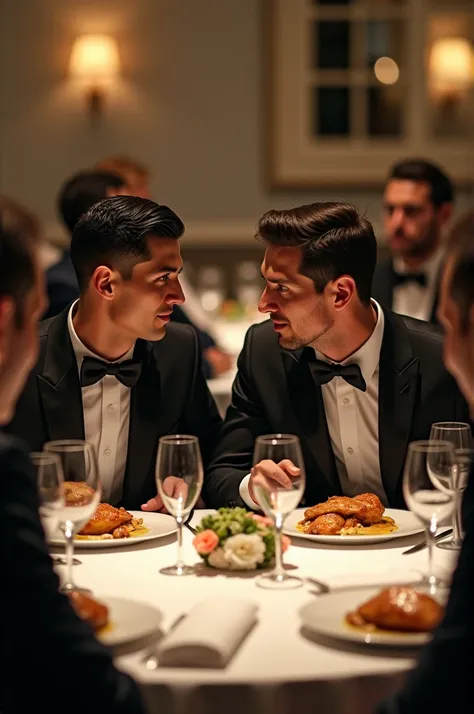 Ronaldo and Messi in a restaurant eating chicken and people look at them