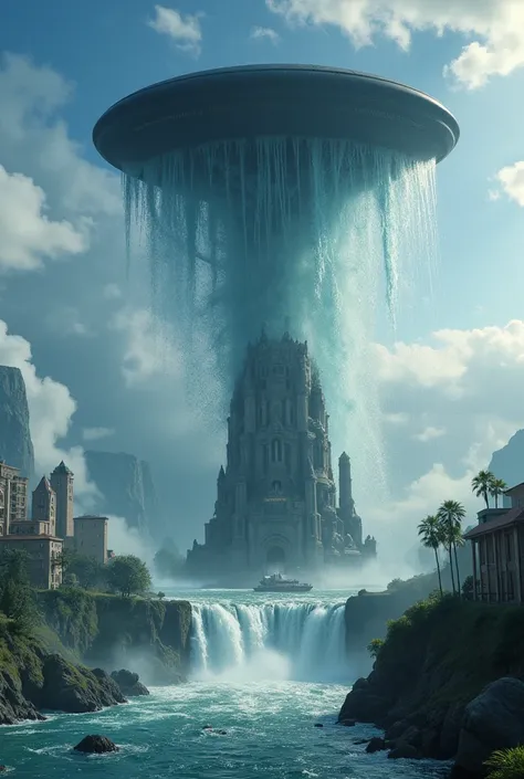   concept art。 there is a big black object in the sky 、 lots of water coming out of it, Flooded Tower ,  ferrofluid ocean ,  Vast Floating Castle ,  Alien Falls , Flooded ancient tower, Alien mothership,  drooling ferrofluid , Alien mothership in the sky, ...