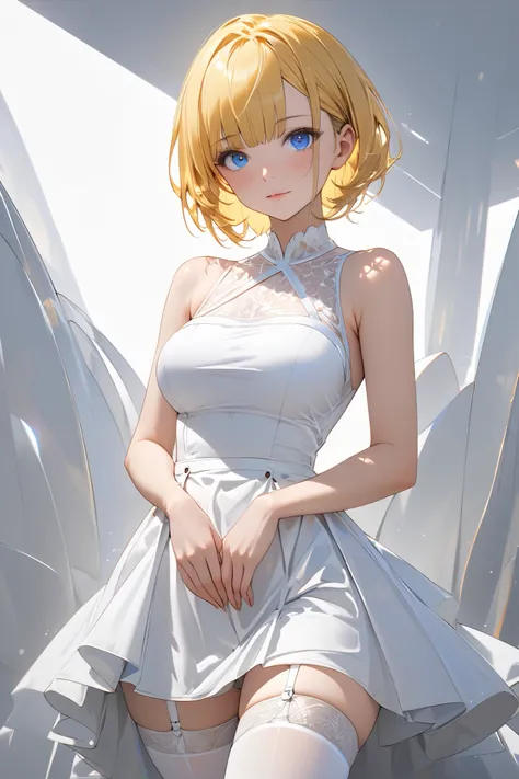 full body display,semi realistic, Masterpiece, Master work, perfect , 4k, 1woman, medium size breast, short hair, middle parted hair style, yellow colored hair, bright blue eyes, cool expression face, wearing formal white dress, short pencil skirt, wearing...