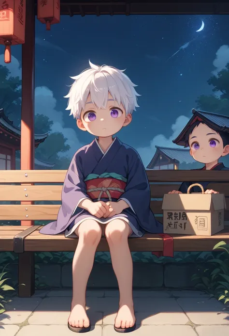 1 boy,  one boy ,130cm, Shota,  short hair,  white hair in a narrow box,  Warring States period ,Purple Eyes , My eyes are purple , old Japanese clothes , The motif is white,  watching the night sky,  cute,  full body,  sitting on a bench, Doji 