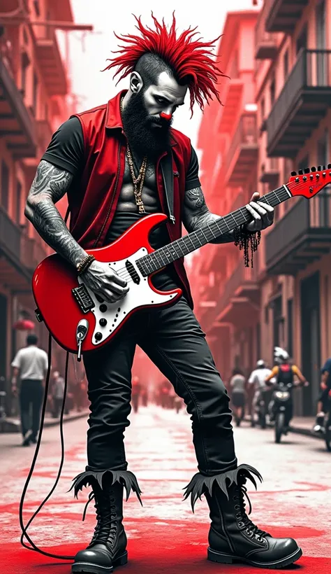 The image shows a red and black ink illustration of a handsome Bogota punk man, beard, punk haircut, high punk boots, lots of tattoos, dressed as a street clown, playing electric guitar on a busy Bogota street. Conceptual image reflecting self-improvement....