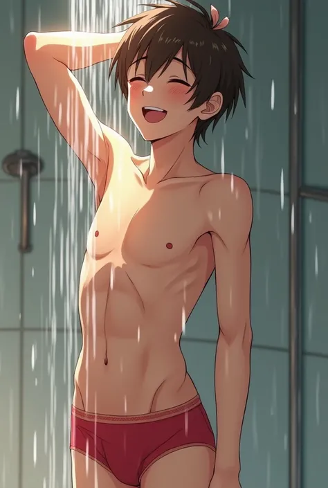 Very young wet, normal, skinny little cute anime male teenage boy with wet shiny skin, brown hair in wet red short tights under the shower in sexy posing and enjoyed it in love with half open eyes