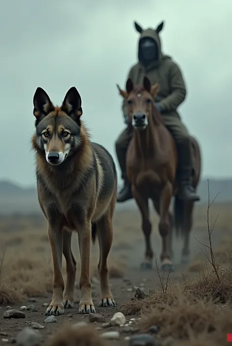 A wild wild dog and a horse are abandoned by a man carrying a face