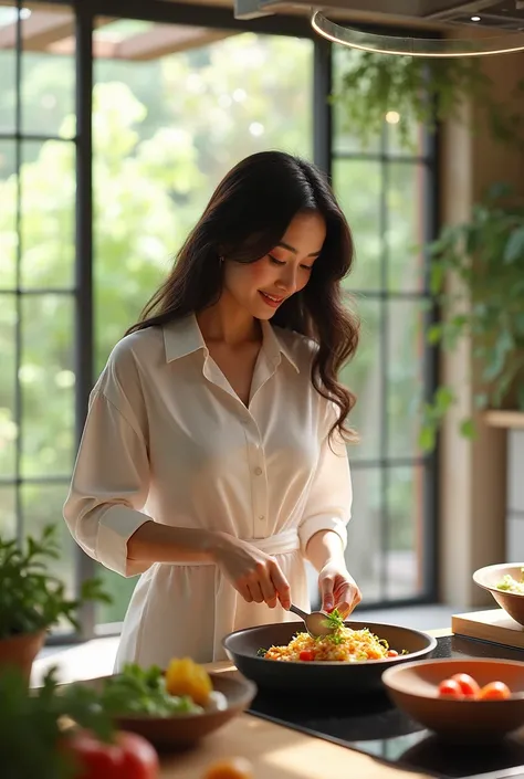 Beautiful woman cooking in an open kitchen