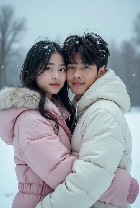 A photo of BTS&#39;s RM with a white girl with black hair in the snow