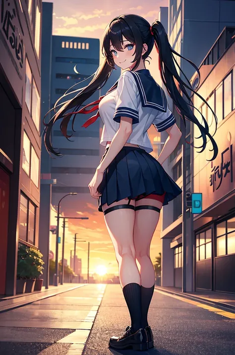 a solo boy,sexy boy ,trap ,long twintail hair, big breast, wearing a japan short sleeve sailor high-school uniform , short blue skirt ,bike shorts, shorts under skirt, with black stockting, black eye,eye makeup, red face,emblassing,shy , smile ,between eye...