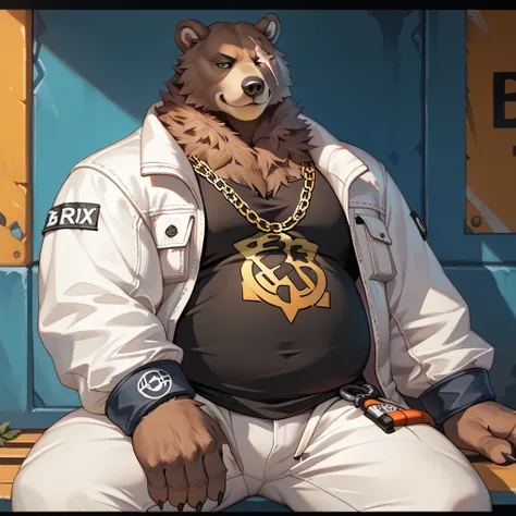 realistic, realistic fur, photorealistic, detailed fur, detailed eyes, detailed, animal, anthro, furry,  BenBigger, facial scar, smile, plump, belly, pose, posing, sexy pose, pinup, chain necklace, white jacket, black shirt, white pants,