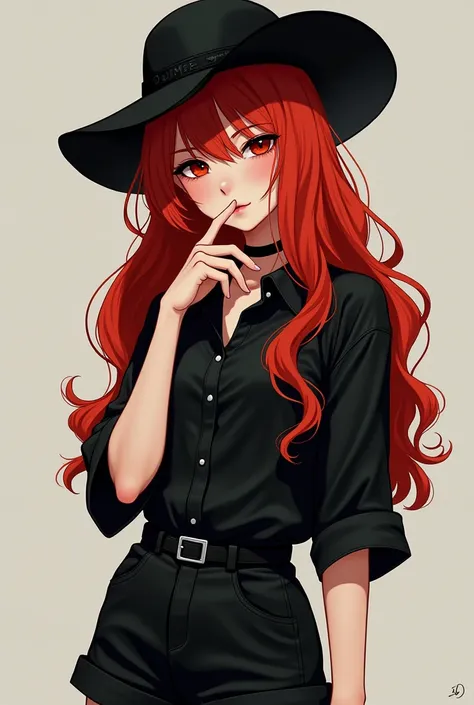 Female character
He has long red hair he has a black shirt he has black shorts he covers his mouth with his finger he has a y2k hat
