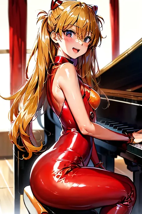 (( top quality)), ((masterpiece)), (be familiar with),  perfect face, indoor, bedroom, looking at the viewer,
One woman,  Soryu Asuka Langley,
 open mouth,  ecstatic expression beside the piano, blush, smile,
 small tits,  flat chested, Young girl, Lori,  ...