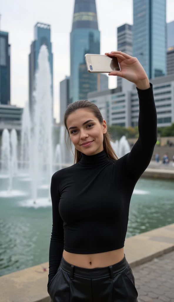 A fit 21-year-old brunette woman confidently capturing a selfie in Canary Wharf, London, with the vibrant waterfall behind her. She’s wearing a stylish black turtleneck tank top sweater that perfectly highlights her fuller bust and toned, athletic figure, ...